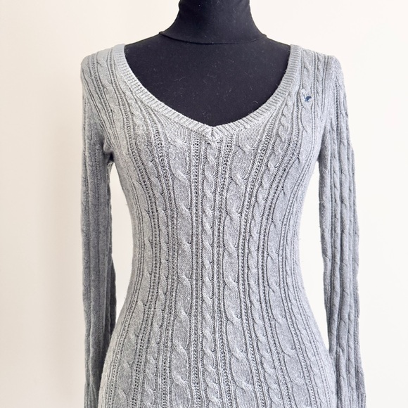 American Eagle Vintage Cable Knit V-Neck Sweater Grey (2000s) Y2K cotton wool - Picture 2 of 7